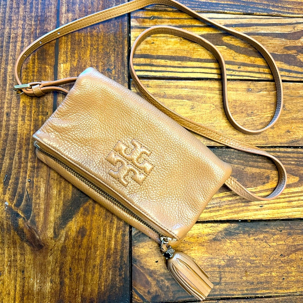 Tory Burch Thea Brown Leather Foldover Crossbody Tassel Magnetic Closure Bag